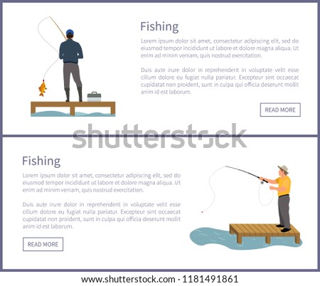 Fishing fisherman with rod on platform vector illustration. Standing fishers with tackle box in hat, catching fish isolated on white, sport theme.