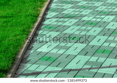 An unusual green path of tiles next to a bright green lawn. A sidewalk of green tiles on a bright sunny day. The city pedestrian sidewalk of an unusual emerald shade in sunny weather.