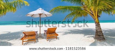 Tranquil beach panorama. Exotic tropical beach landscape for background or wallpaper. Design of summer vacation holiday concept, beach banner with copy space. Sunny summer water shore and coast resort