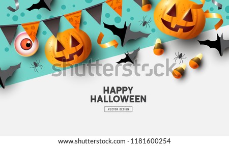Happy Halloween holiday party Composition with Jack O' Lantern pumpkins, party decorations and sweets. Background top view vector illustration.