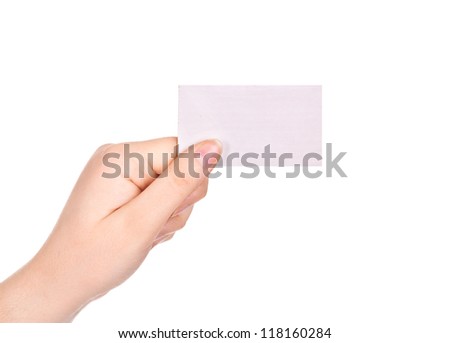 Business card in female hand. Studio isolated. With clipping path