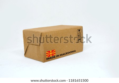‘Made In Macedonia’ label on cardboard carton box