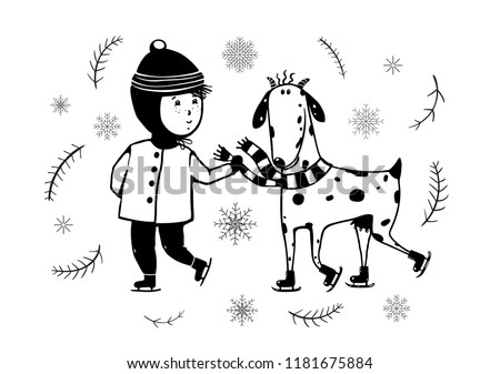 Child and Goat Ice Skating. Vintage black and white kid and goat winter holidays skiing cartoon.