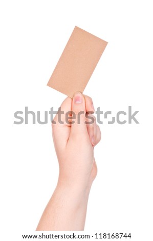 Business card in female hand isolated on white