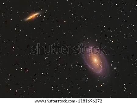 Bode's Galaxy M81,M82 in Ursa Major constellation with Nebula,Open Cluster,Globular Cluster, stars and space dust in the universe and Milky way taken by dedicated astrophotography camera on telescope.