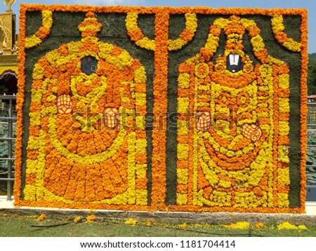 hindu traditional god lord venkateswara and his wife padmavathi made with flowers
