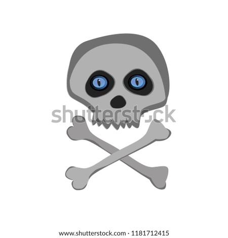  cartoon skeleton scull with blue eyes isolated on white background. Halloween icon, clip art, digital design element, pirate symbol, sign.