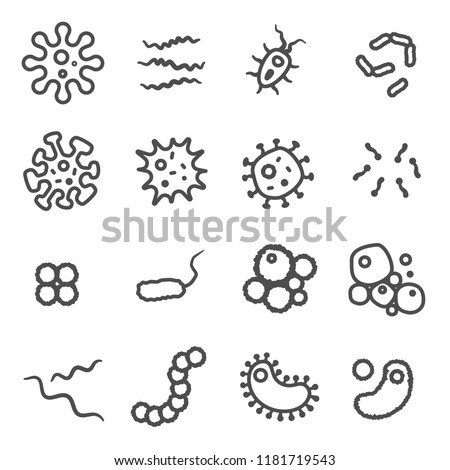 Set of Bacteria Vector Line Icons. Virus, Colony of Bacteria, Petri Dish, Disease, germ, microbe and more. Royalty-Free Stock Photo #1181719543