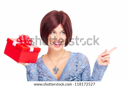Beautiful christmas girl with  gift isolated on white background.