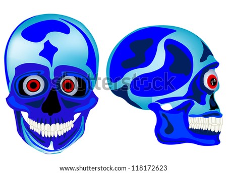 Cartoon skull of the person in front and profile on white background