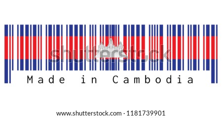Barcode set the color of Cambodia flag, blue red and white color with black line of Angkor wat, text: Made in Cambodia. concept of sale or business.