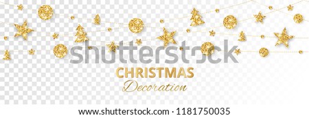 Seamless Christmas golden decoration isolated on white background. Hanging glitter balls, trees, stars. Holiday vector frame for party posters, banners. Winter season sparkling ornaments on a string. Royalty-Free Stock Photo #1181750035