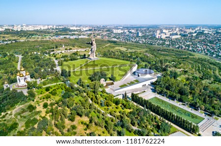 View of Mamayev Kurgan, a hill with a memorial complex commemorating the Battle of Stalingrad in World War II. Volgograd, Russia Royalty-Free Stock Photo #1181762224