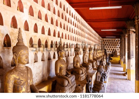 Buddha statues at Pha that Luang. Laos. Vientiane.