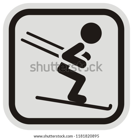 skier, black silhouette at gray and black frame, vector icon