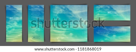 A set of flyers with realistic turquoise-yellow sky and spindrift clouds. The image can be used to design a flyer and postcard. Royalty-Free Stock Photo #1181868019