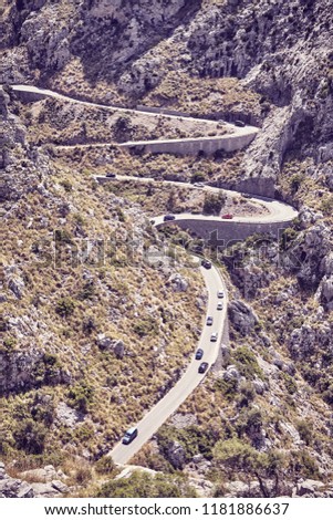 Mountain winding road, color toned picture, Mallorca, Spain.