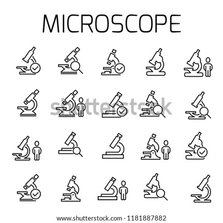 Miscroscope related vector icon set. Well-crafted sign in thin line style with editable stroke. Vector symbols isolated on a white background. Simple pictograms.