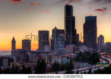 View of Puget Sound and Downtown Seattle, Washington, USA.