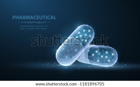 Pills. Abstract polygonal wireframe two capsule pills on blue. Medical, pharmacy, health, vitamin, antibiotic, pharmaceutical, treatment concept illustration or background Royalty-Free Stock Photo #1181896705