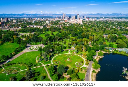 Denver Colorado green space city park aerial drone view high above the mile high city along the Rocky Mountain front range