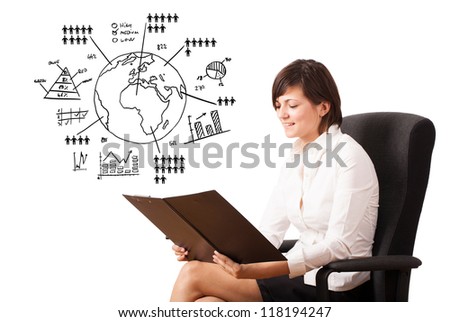Young woman presenting globe with various diagrams isolated on white