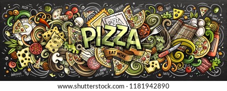 Cartoon cute doodles Pizza word. Colorful horizontal illustration. Background with lots of separate objects. Funny vector artwork
