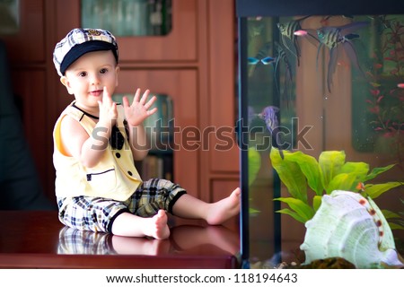 little boy looks in the aquarium