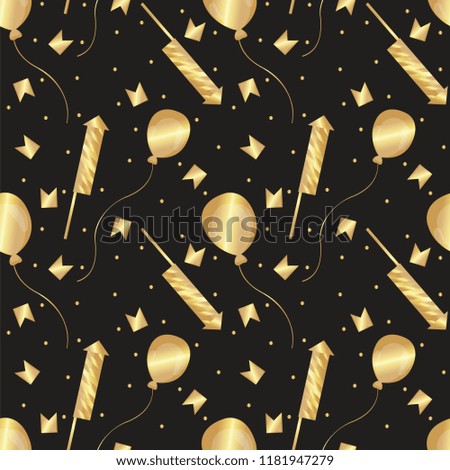 Seamless pattern. Golden flags, balloons, firecrackers and confetti on a black background. Vector.