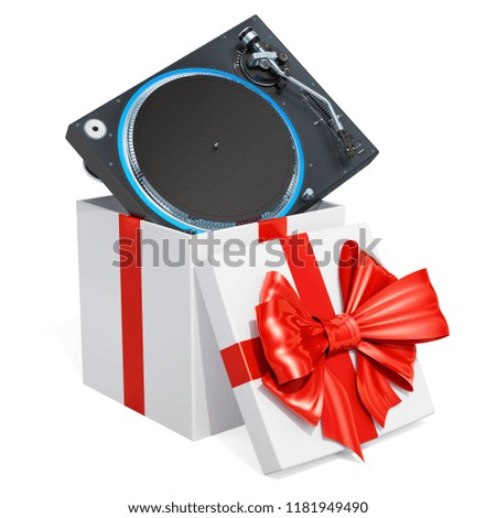 Gift box with Phonograph Turntable, 3D rendering isolated on white background