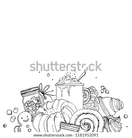 Christmas decor, plants line drawn on a white background. Sketch of berries and leaves. Mistletoe, holly, Cocoa, biscuits, marmalade, candies, sweets