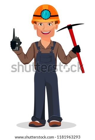 Miner man, mining worker. Handsome cartoon character holding pickaxe and portable radio. Vector illustration on white background