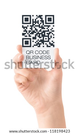 Hand showing business card with QR code data information. Isolated on white.