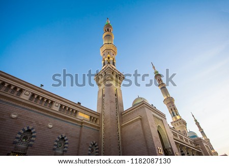  Nabawi Mosque, the prophet's Muhammad mosque, a mosque with great architecture. Pilgrims during hajj and umra visit this mosque. Royalty-Free Stock Photo #1182087130