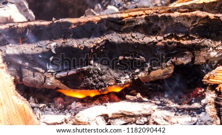 Close-up photo of a burning piece of wood in the bright sunlight.