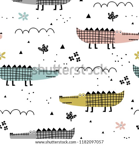 Baby seamless pattern with cute alligator and tropical plants. Perfect for kids fabric, textile, nursery wallpaper. Creative jungle childish texture. Scandinavian style.