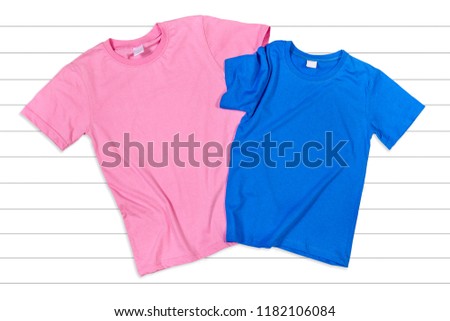 Pink and Blue Unisex T-shirts Mockup - Flat Lay on White Wooden Background
