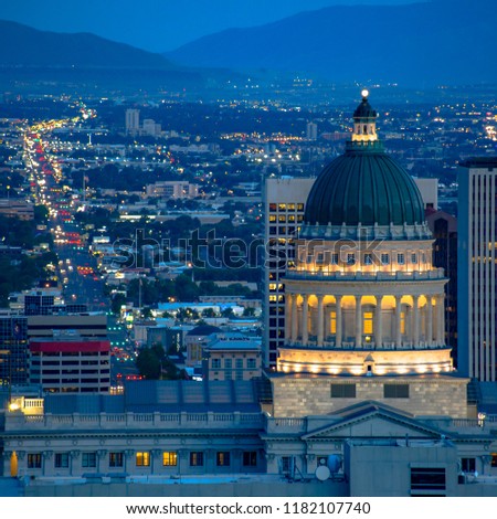 Utah State Capital Building and city at twilight