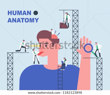 Small-sized doctors looking at a huge patient Character concept flat design style vector graphic illustration