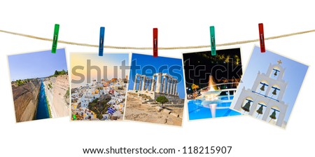 Greece photography on clothespins isolated on white background