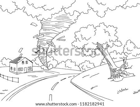 Hurricane whirlwind storm graphic black white landscape city sketch illustration vector