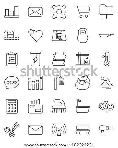 thin line vector icon set - soap vector, fetlock, bath, pan, thermometer, clipboard, graph, cart, any currency, enegry drink, heart cross, weight, equalizer, mail, gender sign, scissors, message