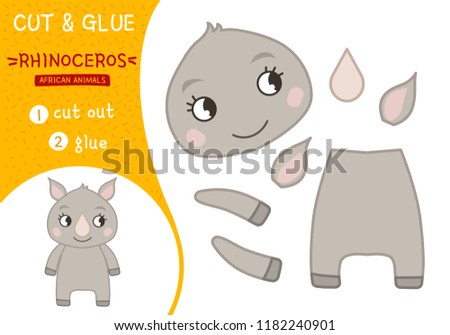Education paper game for preshool children. Vector illustration. Collection of African animals. Illustration of a cute cartoon rhinoceros