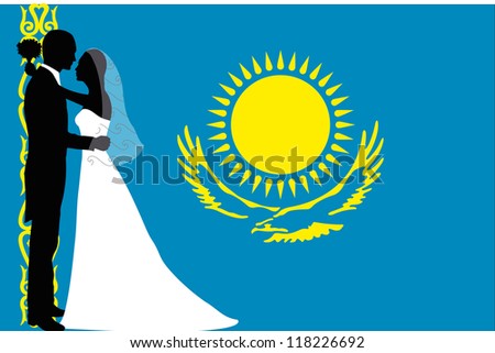 Vector illustration of the flag of Kazakhstan with a bride and groom coloured silhouette