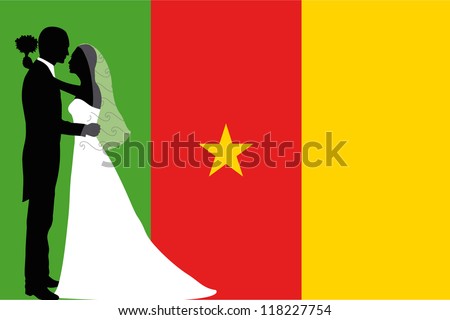 Vector illustration of the flag of Cameroon with a bride and groom coloured silhouette