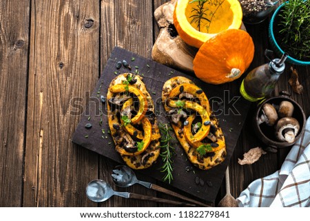 pumpkin soup and pumpkin focaccia on wooden background top view