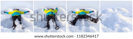 Cheerful and happy girl lying on snow and making snow angel, flapping his arms and legs in different directions, enjoying and rejoicing winter, collage of photos.