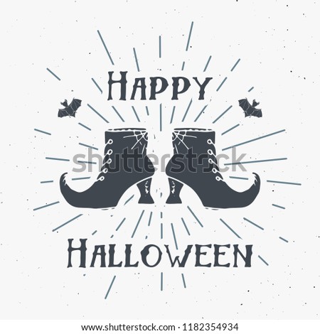 Halloween greeting card vintage label, Hand drawn sketch witch items, grunge textured retro badge, typography design t-shirt print, vector illustration .