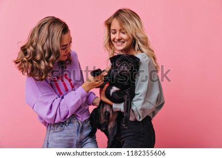 Dreamy women playing with cute bulldog puppy on pastel background. Romantic girls enjoying good day and posing with pet.