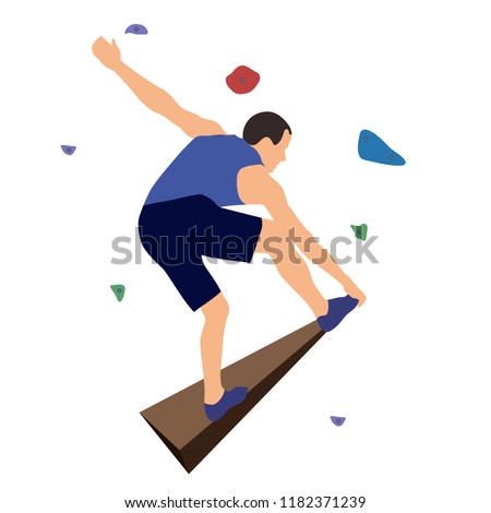Man climbs on a climbing wall in a climbing gym isolated on a white background. Vector illustration.